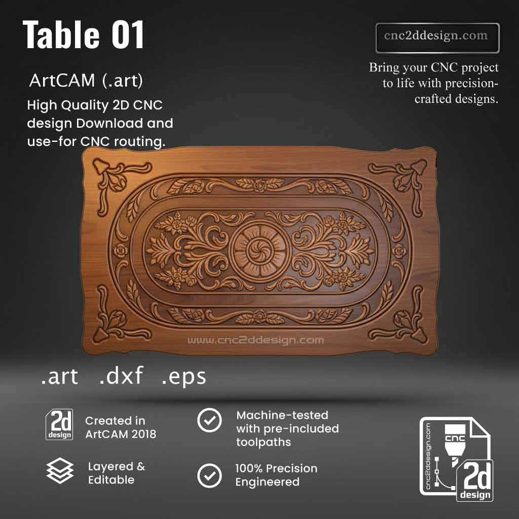 CNC 2D Table Design 01 – Wood Carving Digital File (.art), (.dxf) & (.eps)